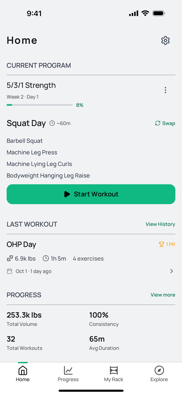 Grain Gym home screen with today's 5/3/1 Squat Day session, its four exercises, a Start Workout button and recent training stats