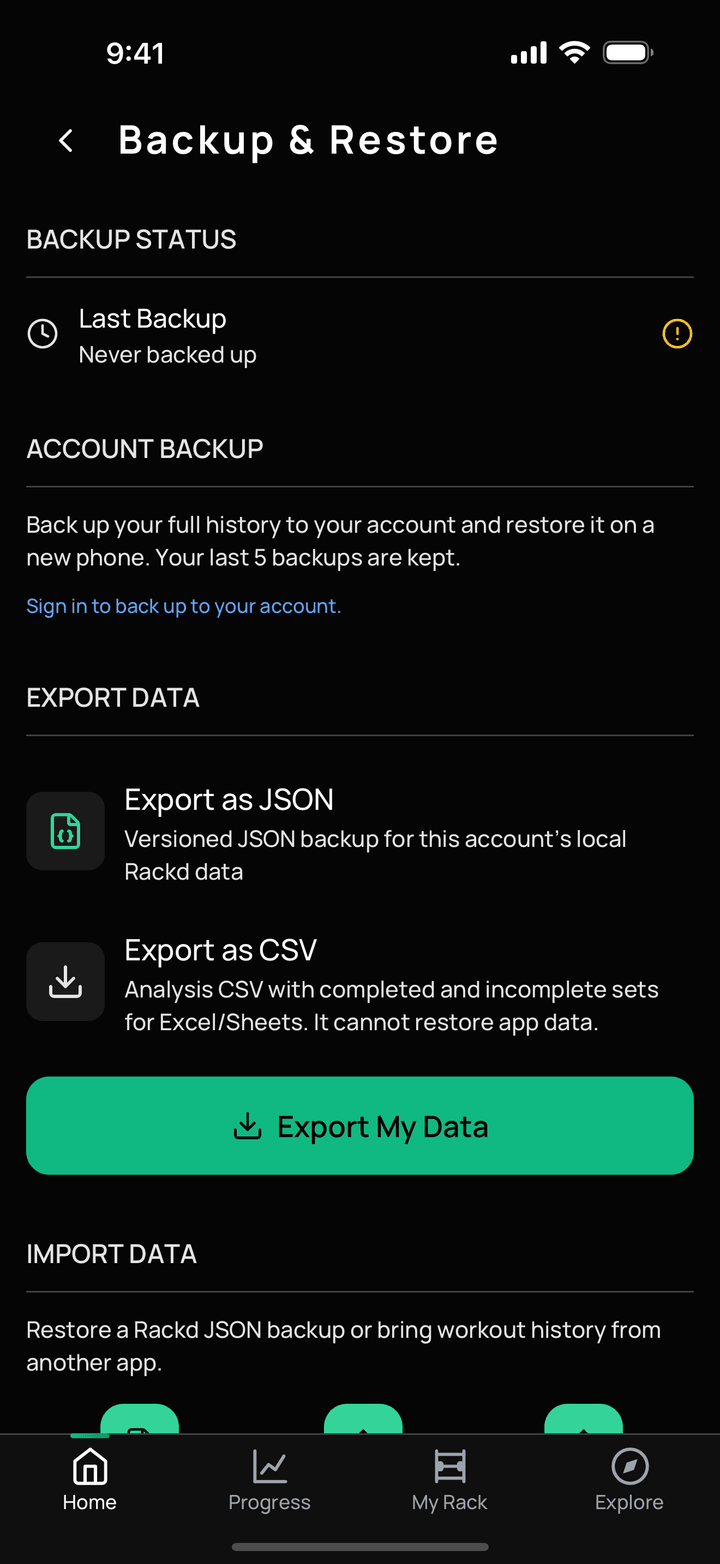 Backup and restore screen with backup status, account backup and the JSON and CSV export options