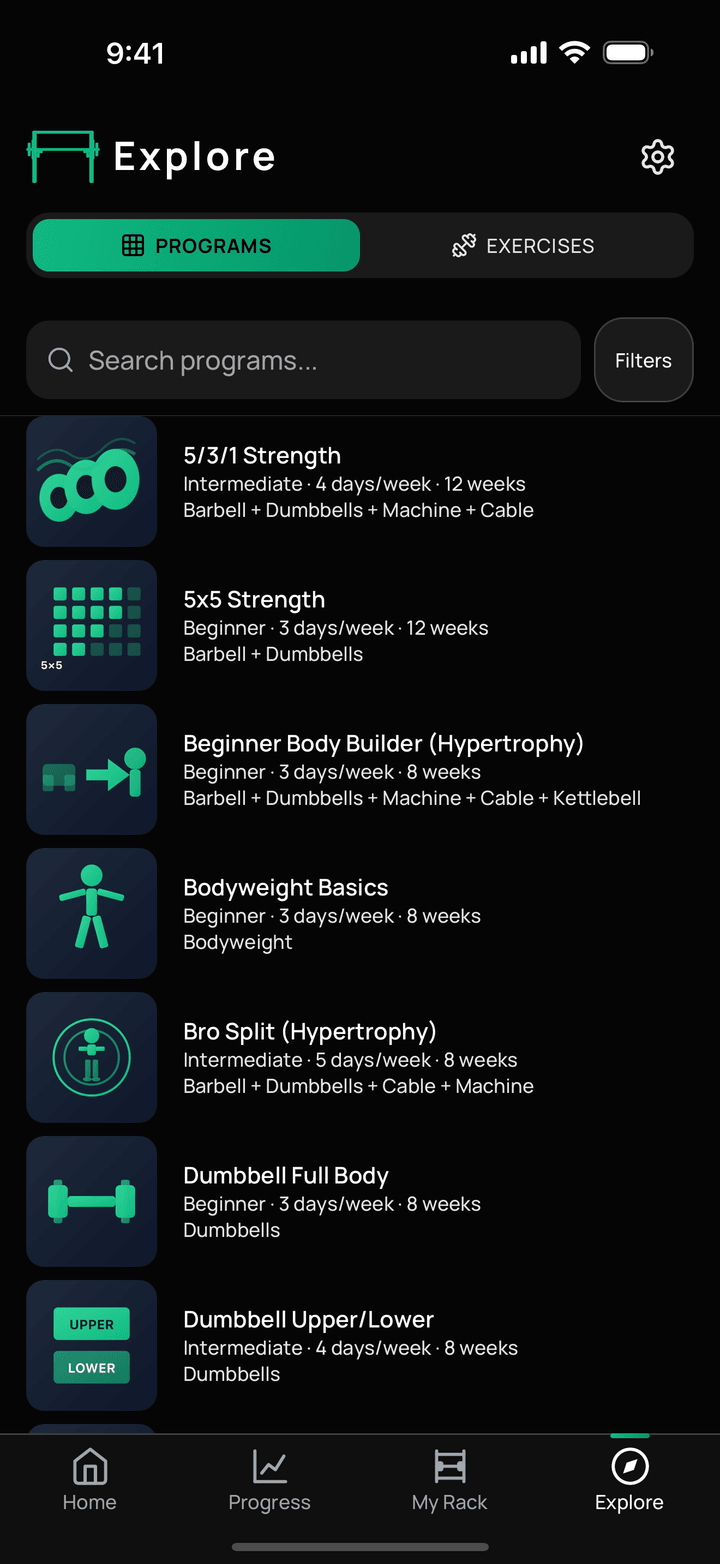 Explore tab listing built-in programs with their level, days per week, length and equipment